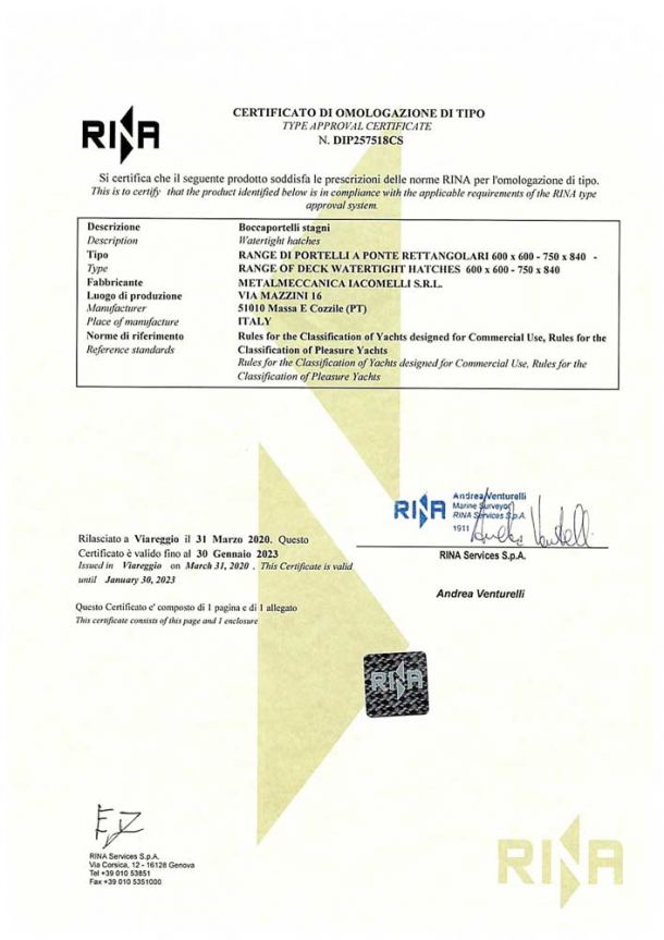 Certifications RINA for shipbuilding